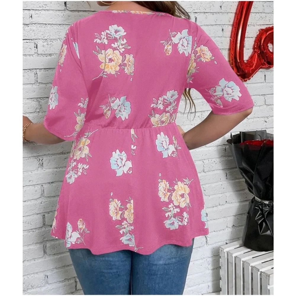 Plus Floral Print Lace Belted Top - Picture 9 of 9